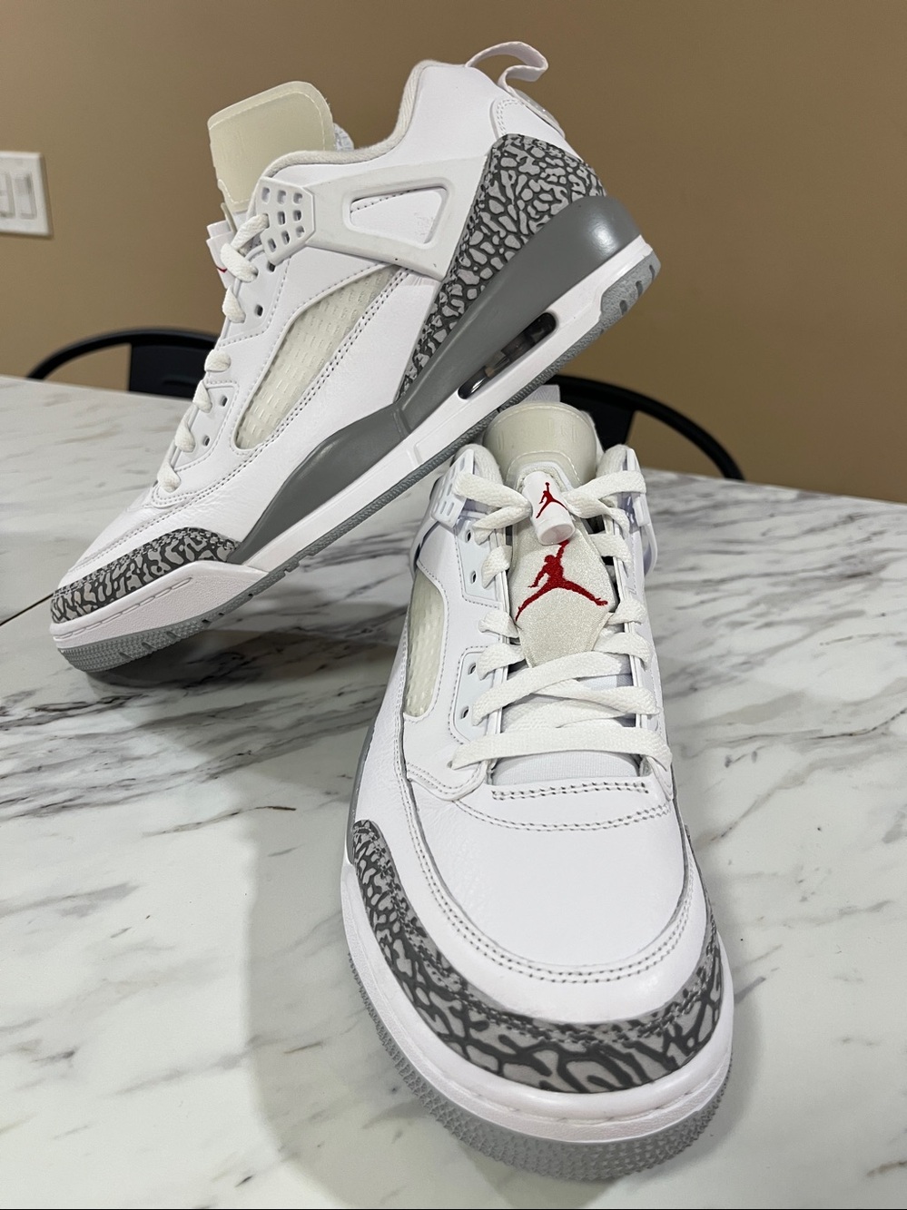 Jordan White Leather Sneakers with Gray Elephant Print and Red Jumpman